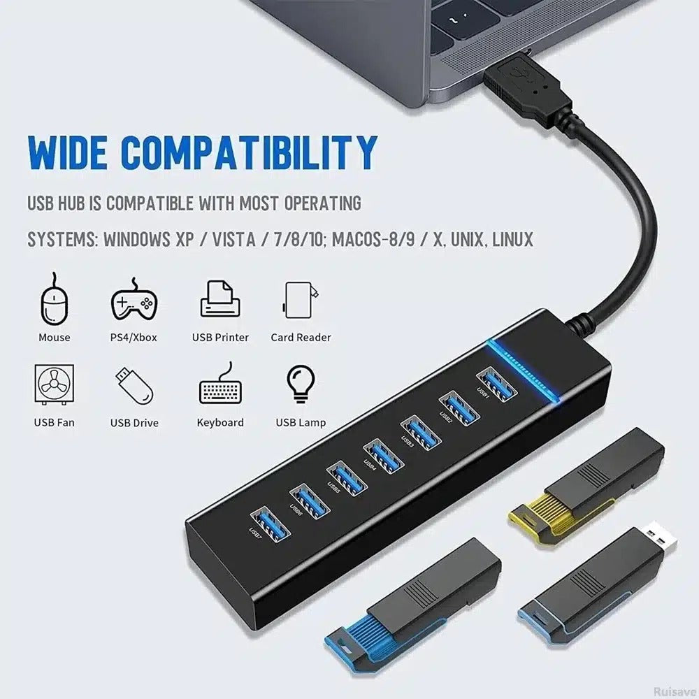 HUB USB 3.0 de 7 Puertos y Cable Largo de 120cm
