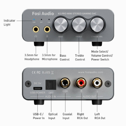 Amplificador de Auriculares DAC HiFi hasta 1000mW a 16ohm – Fosi Audio K5 Pro – Ideal para Gaming