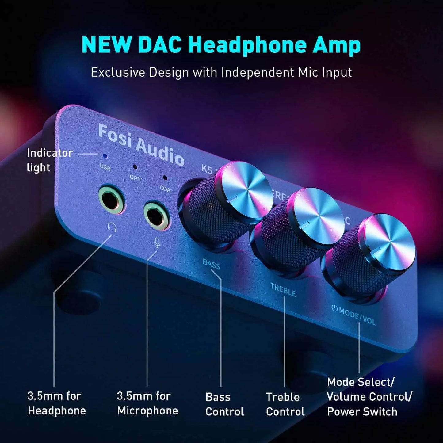 Amplificador de Audífonos DAC HiFi hasta 1000mW a 16ohm – Fosi Audio K5 Pro – Ideal para Gaming
