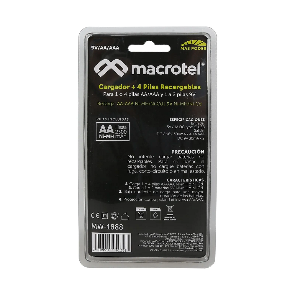 Cargador De Pilas + 4 Pilas AA 2300ma - Macrotel