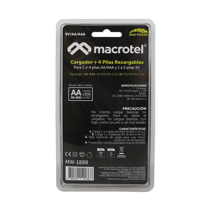 Cargador De Pilas + 4 Pilas AA 2300ma - Macrotel