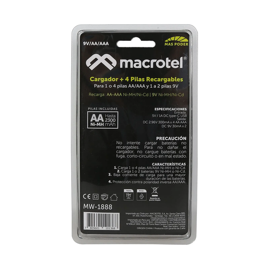 Cargador De Pilas + 4 Pilas AA 2300ma - Macrotel