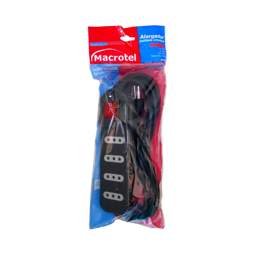 Alargador Zapatilla con Switch 4 posiciones 3 Metros Negro - Macrotel