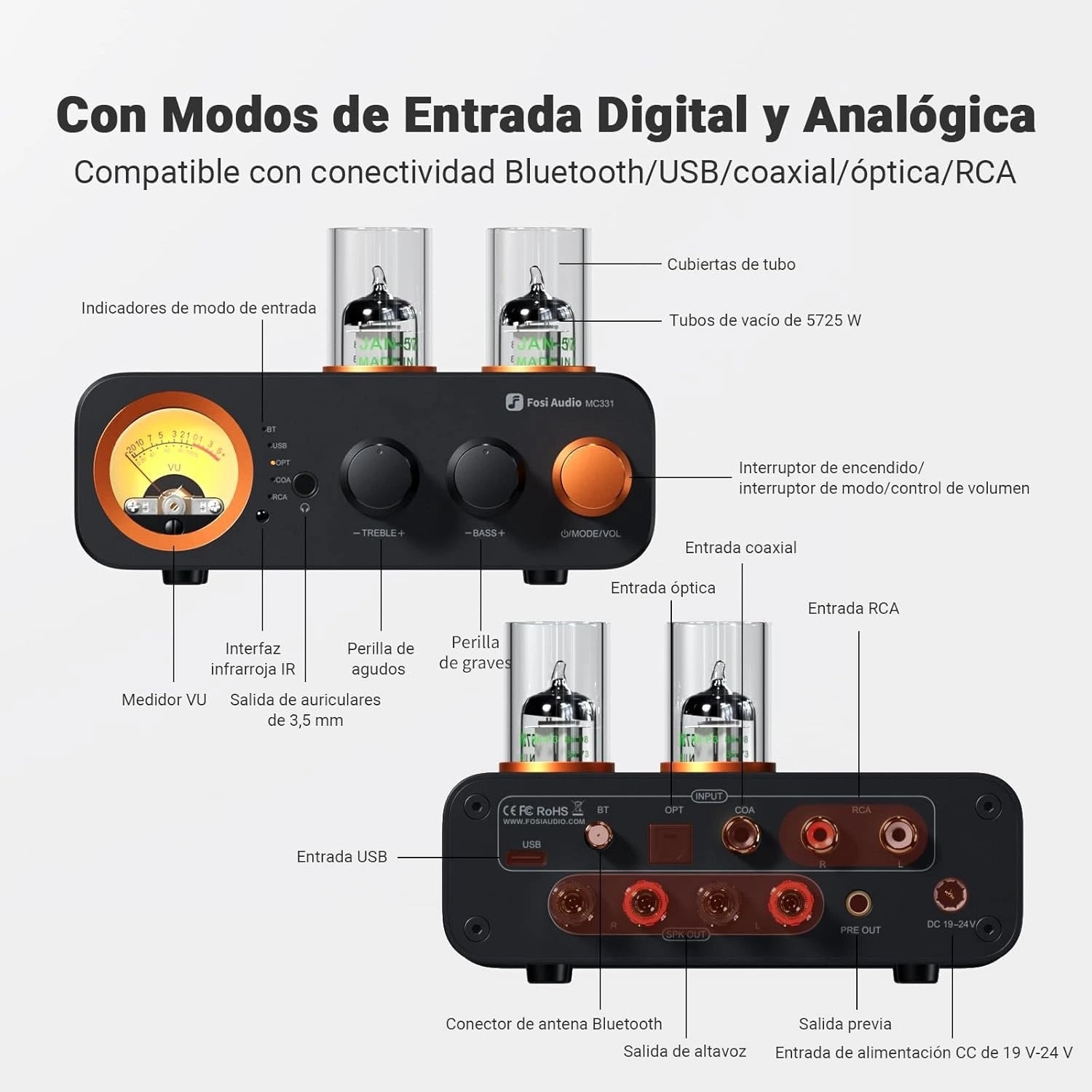 Amplificador de Audio Bluetooth a Tubos con Medidor VU - Fosi Audio MC331