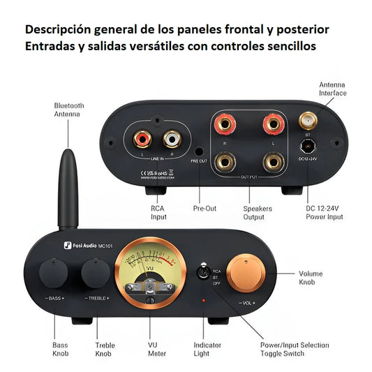 Amplificador de Audio Estéreo Bluetooth con Medidor VU - Fosi Audio MC101
