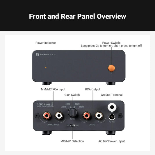 Preamplificador Phono MM MC para Tornamesa Fosi Audio Box X5 Con RIAA y Ganancia Ajustable